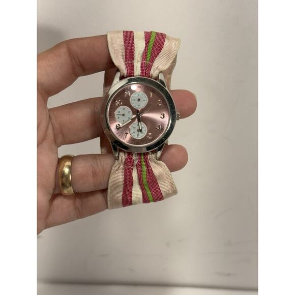 Rachel Weissman Quartz Watch With Faux Sub Dials Pink Nylon Band Needs Battery - Picture 6 of 9